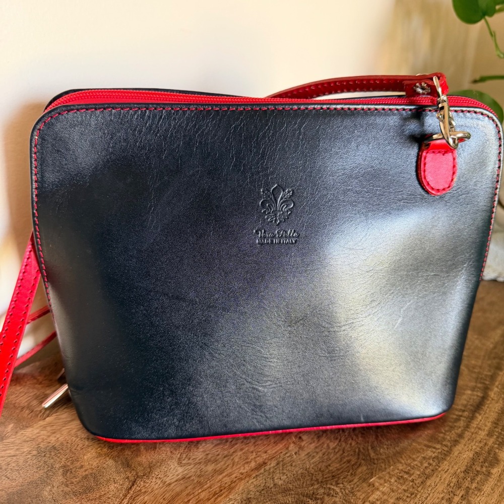 Vera Pelle Crossbody Bag Women Small Black Red Italian Leather Contrast Stitch